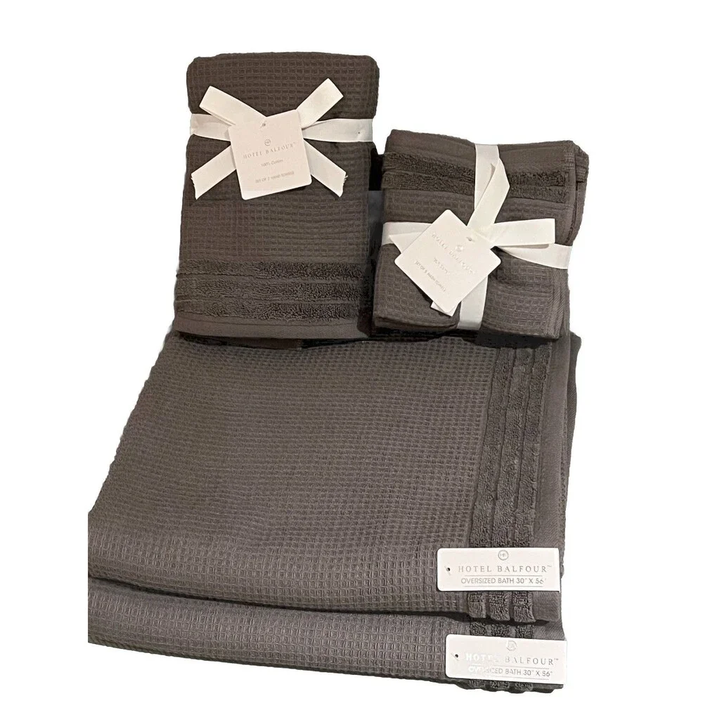 Hotel Balfour Towels BATH HAND WASHCLOTH Terry Cotton GRAY WAFFLE WEAVE 9 Piece